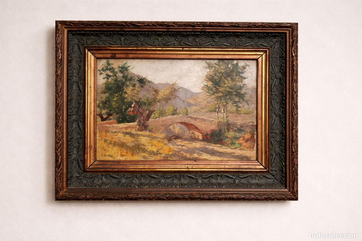 Arte: Antiguo &oacute;leo firmado &ndash; paisaje rural con puente de piedra &ndash; finales s. XIX