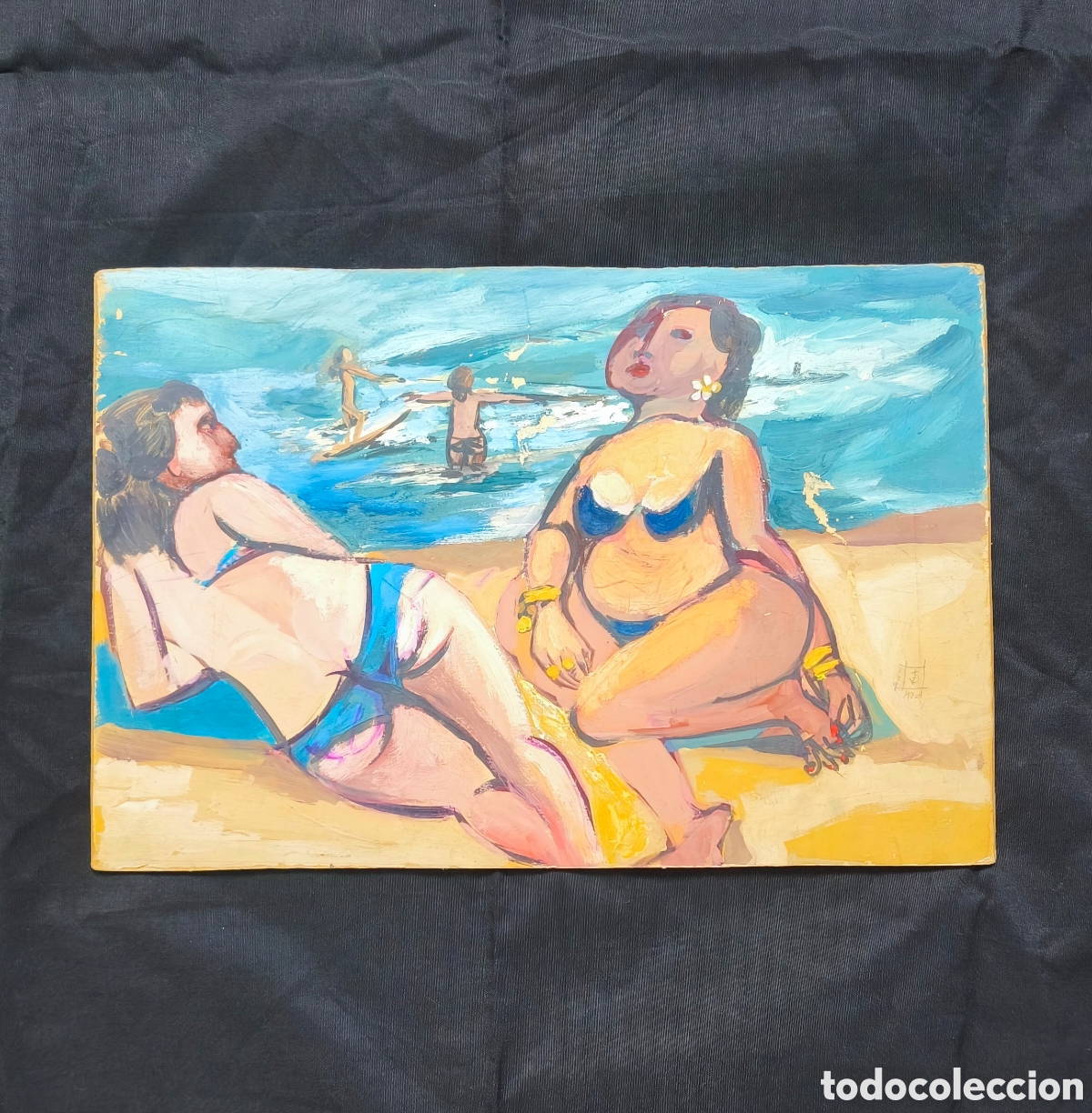 Arte: JOAN COMELLAS &ndash; BA&Ntilde;ISTAS &ndash; T&Eacute;CNICA MIXTA SOBRE TABLA &ndash; DOBLE CARA &ndash; 49 x 33 CM