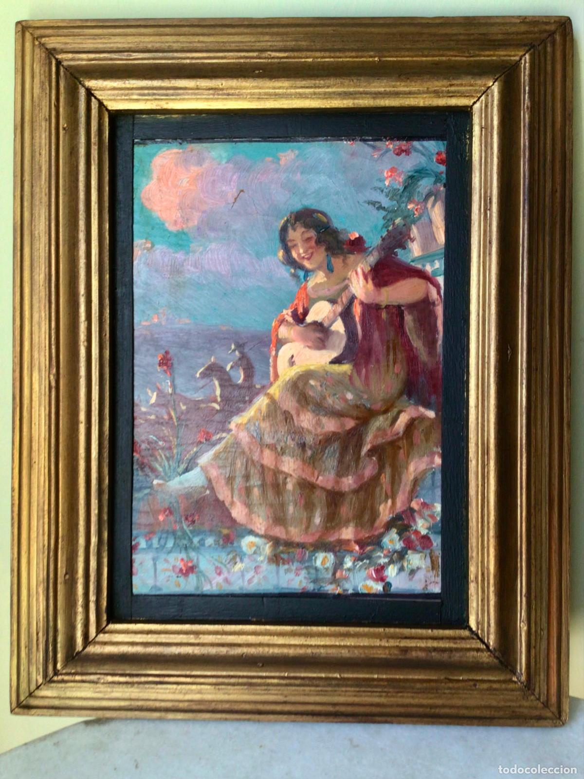 Arte: ANTIGUA PINTURA . ESCENA ANDALUZA FLAMENCA CON GUITARRA . OLEO FIN SIGLO XIX