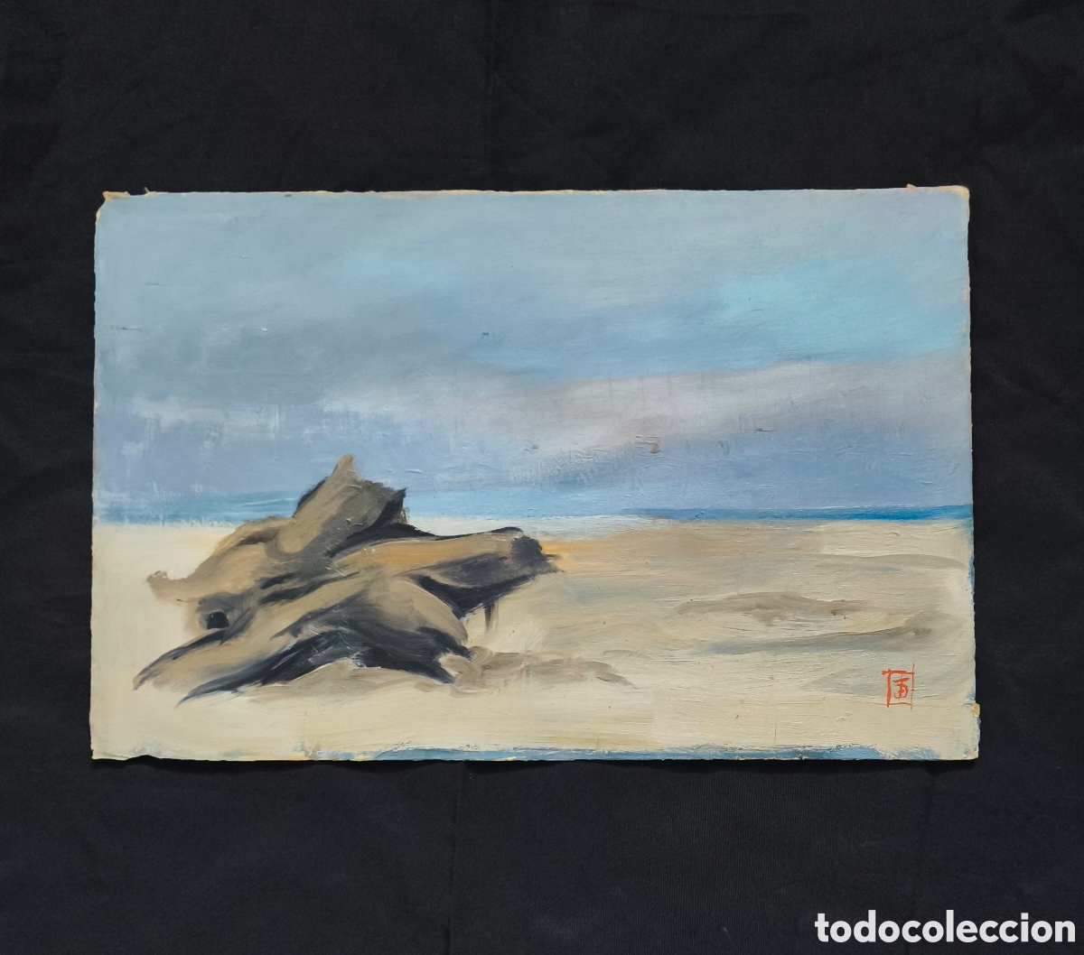 Arte: JOAN COMELLAS &ndash; TRONCO VARADO EN LA PLAYA &ndash; PINTURA SOBRE CART&Oacute;N &ndash; 48 x 32 CM &ndash; OBRA ORIGINAL