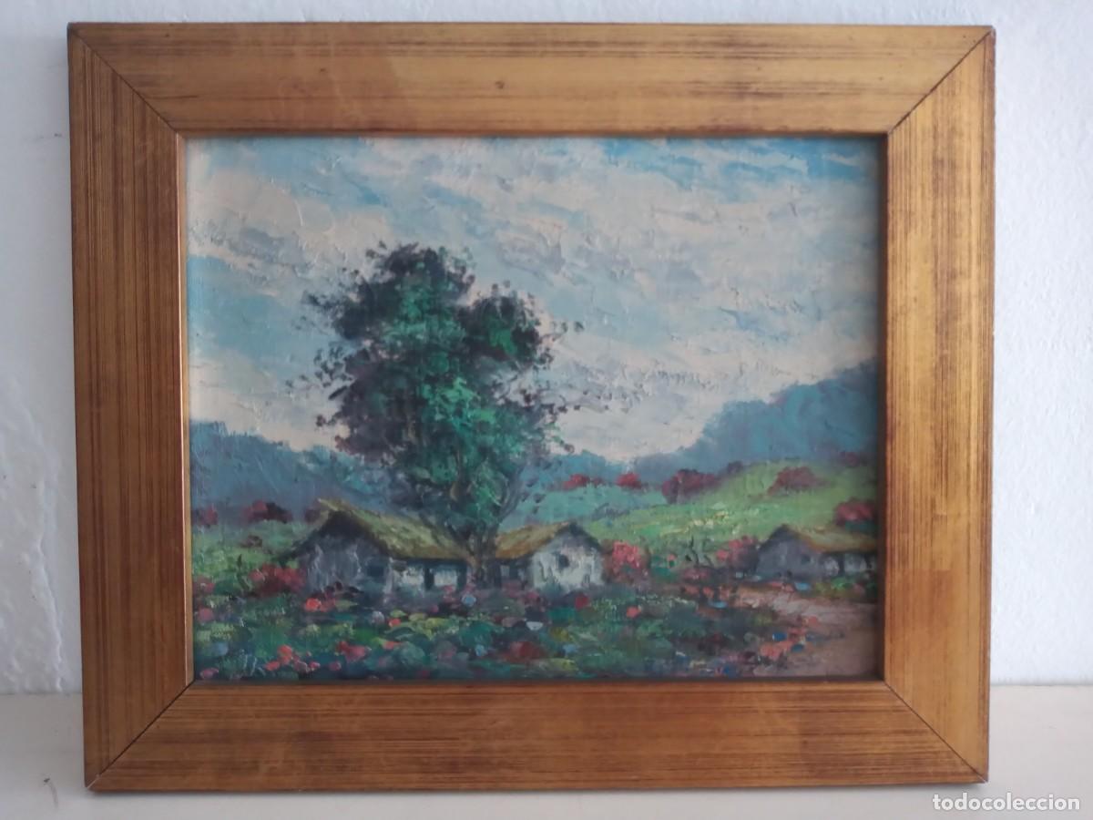 Arte: CUADRO &Oacute;LEO VINTAGE PAISAJE RURAL CON CASAS Y MARCO MADERA