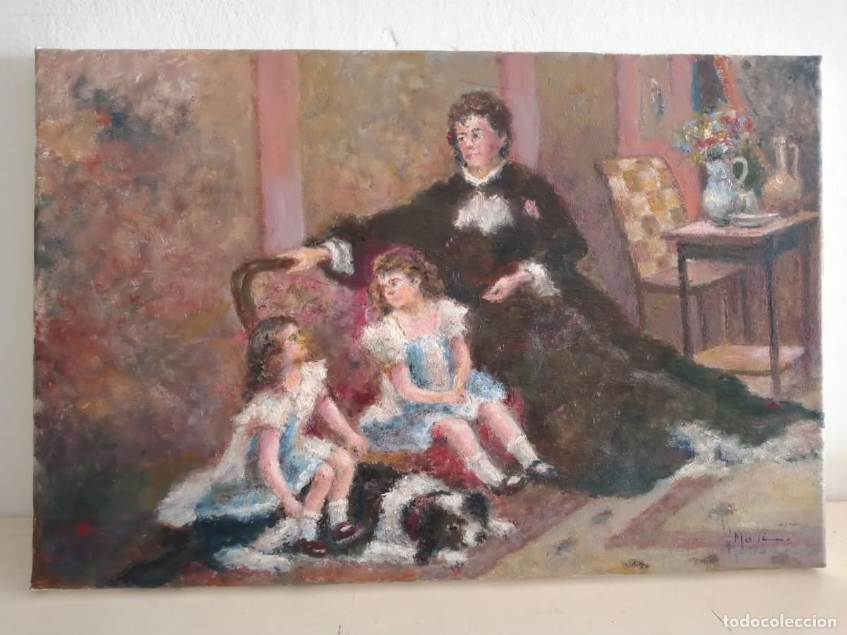 Arte: &Oacute;LEO SOBRE LIENZO RETRATO FAMILIAR VINTAGE FIRMADO MAR&Iacute;N 41X27CM