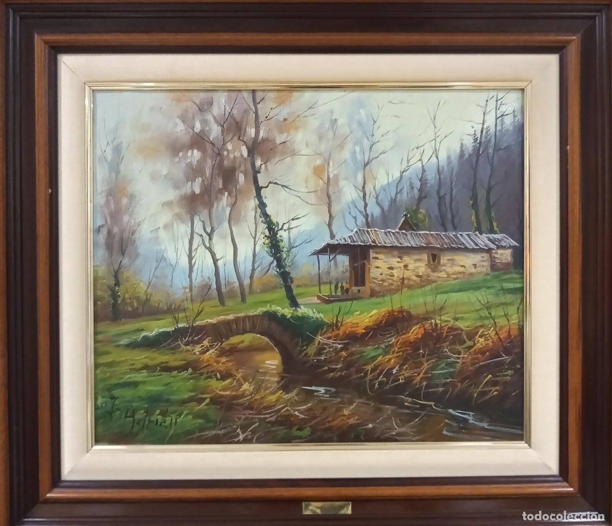 Arte: &Oacute;LEO ORIGINAL PAISAJE RURAL R&Iacute;O PUENTE Y CASA CON MARCO 66X58CM