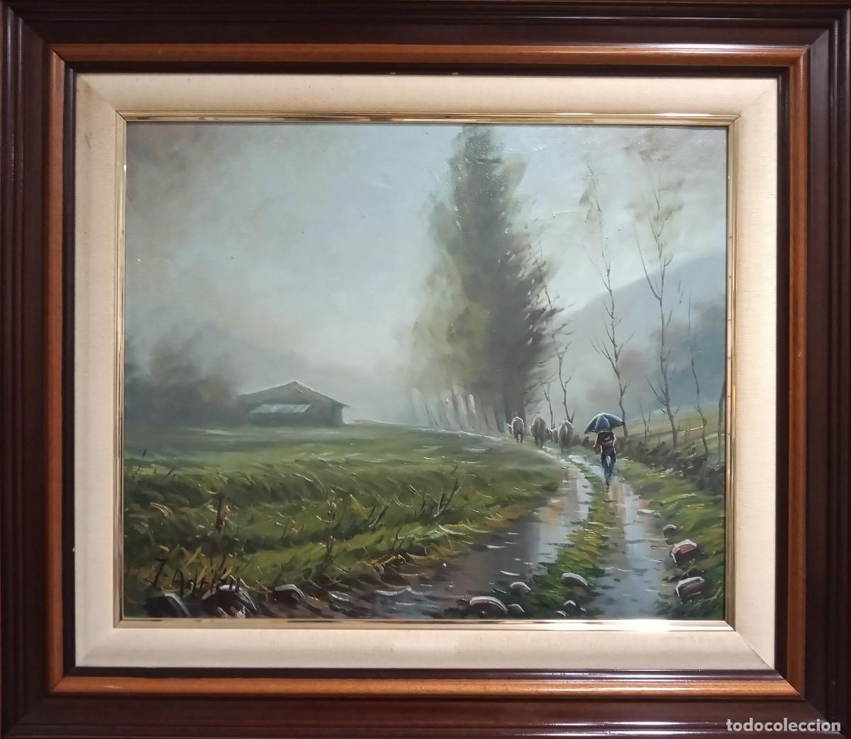 Arte: &Oacute;LEO ORIGINAL PAISAJE LLUVIOSO CAMINO CON PERSONA Y PARAGUAS CON MARCO 66X58CM