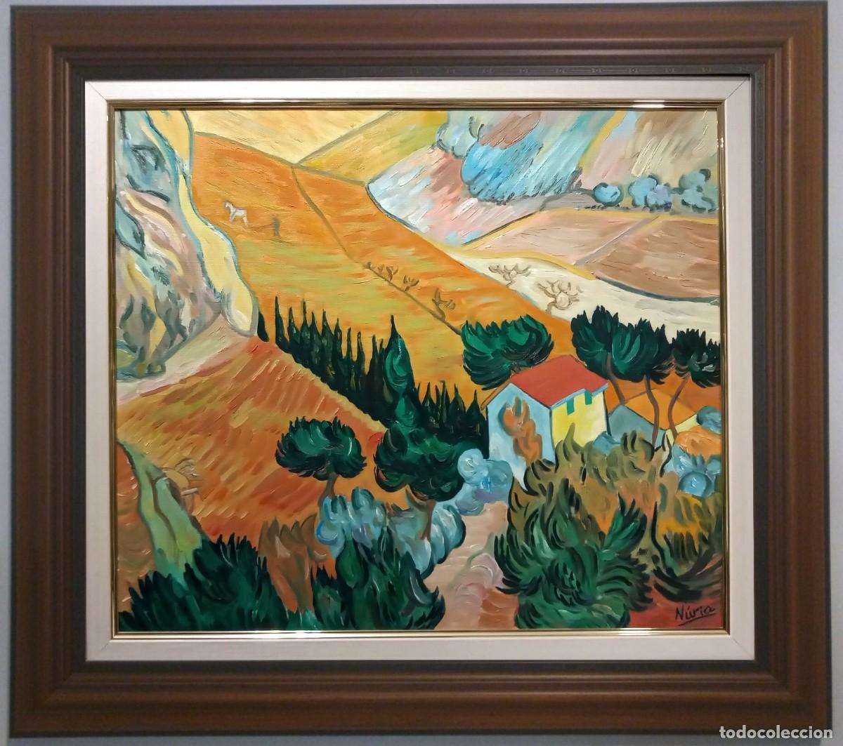 Arte: &Oacute;LEO SOBRE LIENZO COPIA DE VAN GOGH PAISAJE FIRMADO N&Uacute;RIA CON MARCO 83X94CM