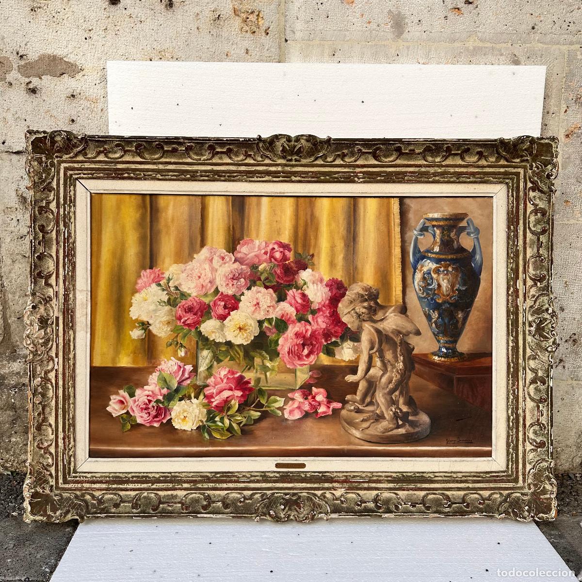 Arte: &ldquo;Bodeg&oacute;n de rosas y jarr&oacute;n&rdquo; Solange Devienne, s. XX &ndash; Francia - Foto 2