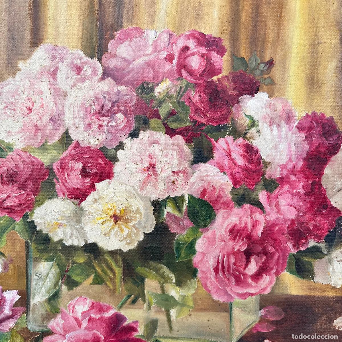 Arte: &ldquo;Bodeg&oacute;n de rosas y jarr&oacute;n&rdquo; Solange Devienne, s. XX &ndash; Francia - Foto 13