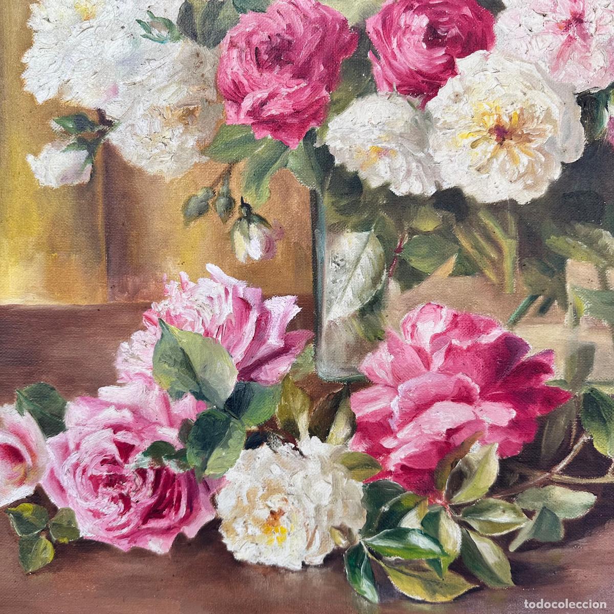 Arte: &ldquo;Bodeg&oacute;n de rosas y jarr&oacute;n&rdquo; Solange Devienne, s. XX &ndash; Francia - Foto 17