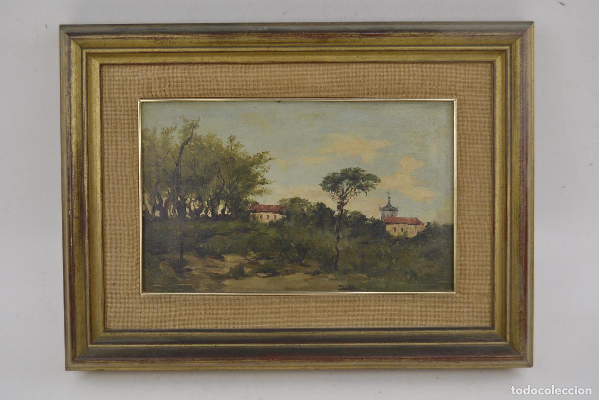 Art: Paisaje con &aacute;rboles y casas, pintura al &oacute;leo sobre madera, finales siglo XIX, sin firmar.