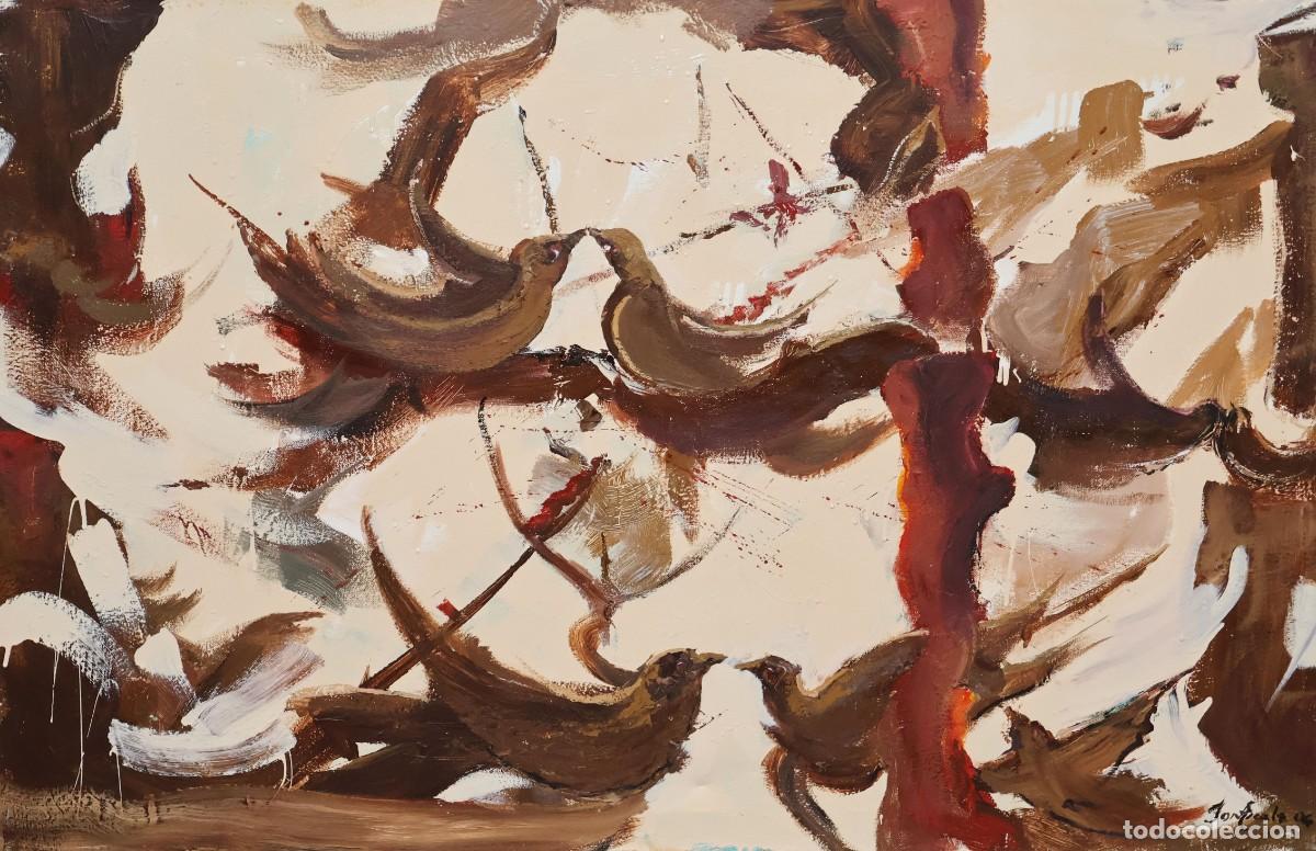 Arte: ANTONI FONT I ESCALA (Arenys de Mar, Siglo xx) OLEO SOBRE TELA. DIALOGO ENTRE AVES