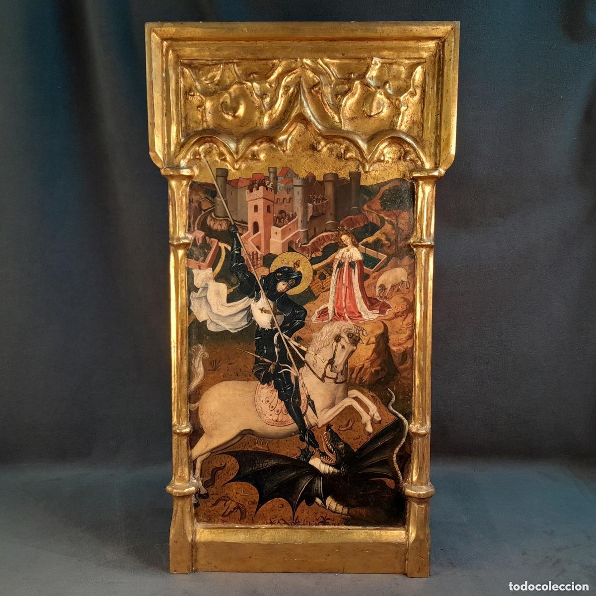Arte: B-1944. TABLA NEO-G&Oacute;TICA DE SAN JORGE Y EL DRAG&Oacute;N. SIGLO XIX