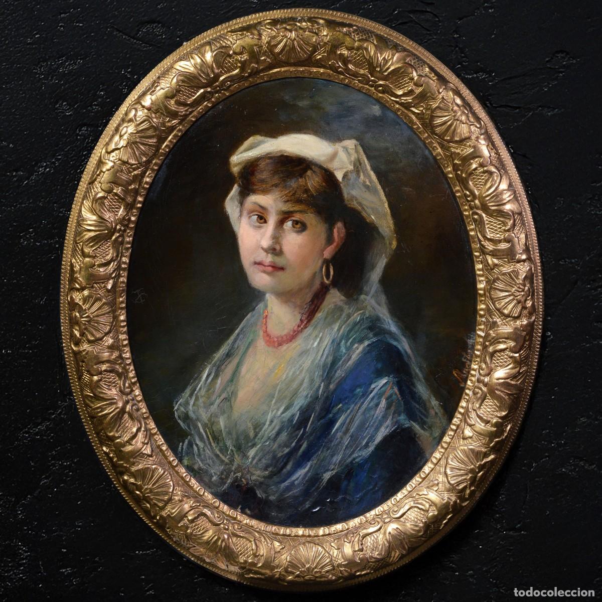 Arte: 19th Century European Italian Young Woman Portrait Oil Canvas Signed Oval Framed