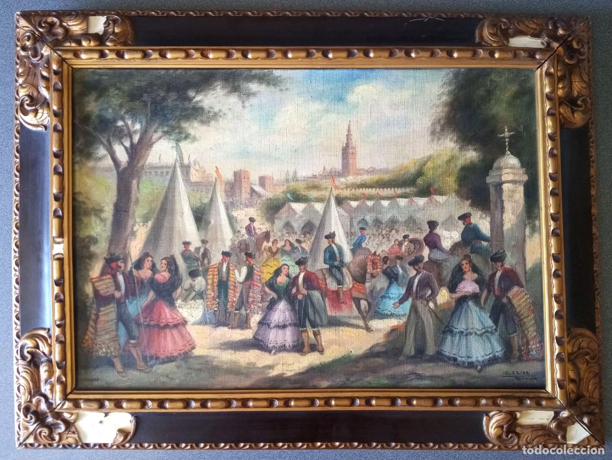 Arte: Pintura &oacute;leo sobre lienzo Feria De Abril Sevilla firmado Iglesias