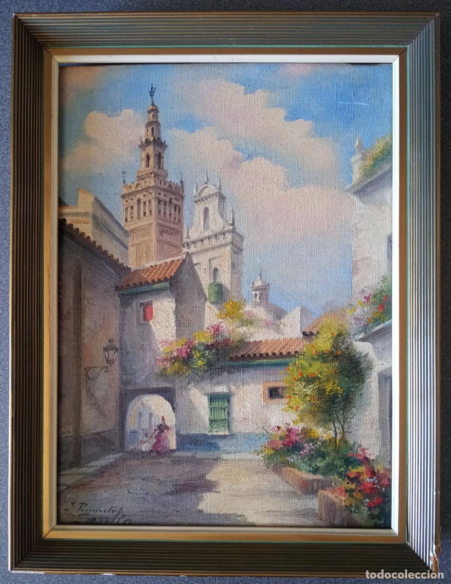 Arte: Pintura &oacute;leo sobre lienzo Sevilla firmado J.Pimentel