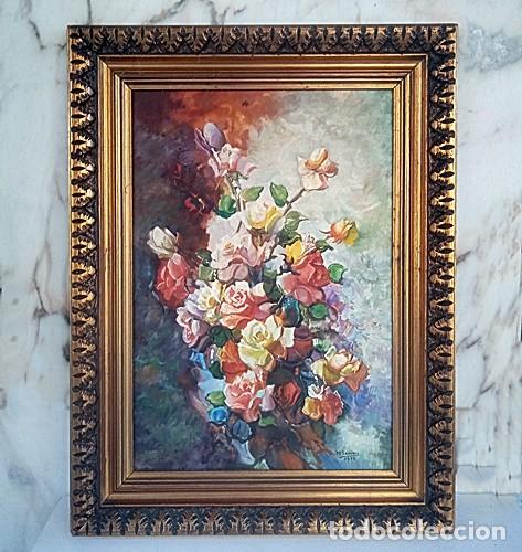 Arte: Pintura de ramo flores fondo claro oscuro, pintado al &oacute;leo