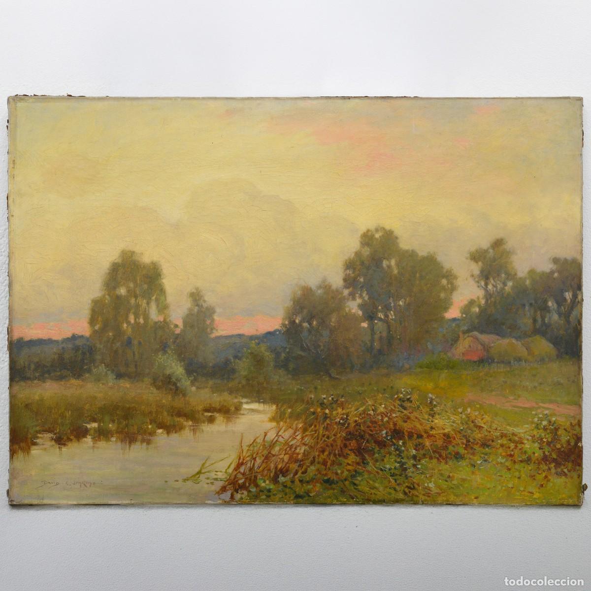 Arte: Late 19th Century Victorian British River Sunset Landscape Oil Canvas Signed