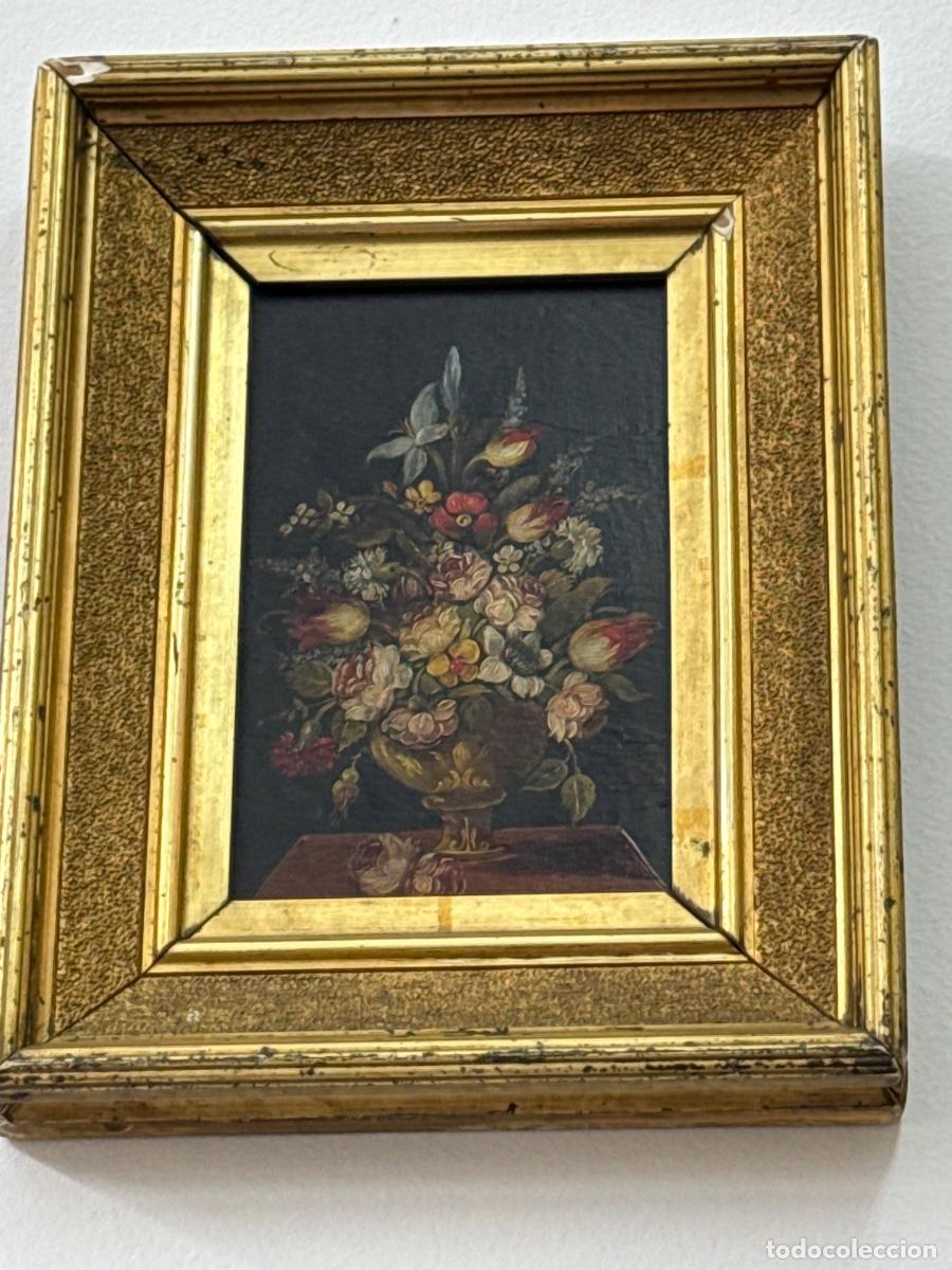 Arte: &Oacute;leo sobre tabla Bodeg&oacute;n de centro de flores con mariposa - Foto 1