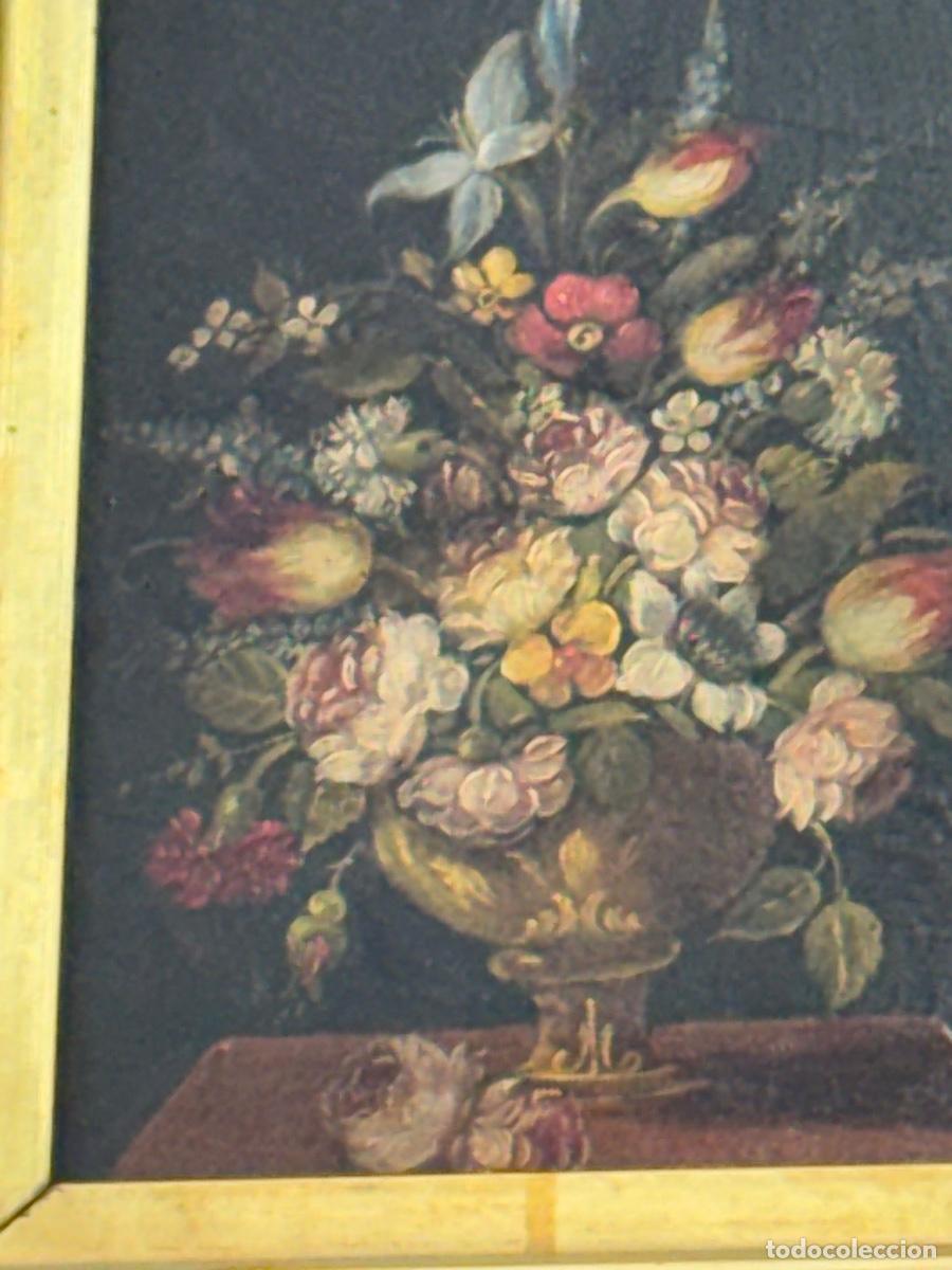 Arte: &Oacute;leo sobre tabla Bodeg&oacute;n de centro de flores con mariposa - Foto 2