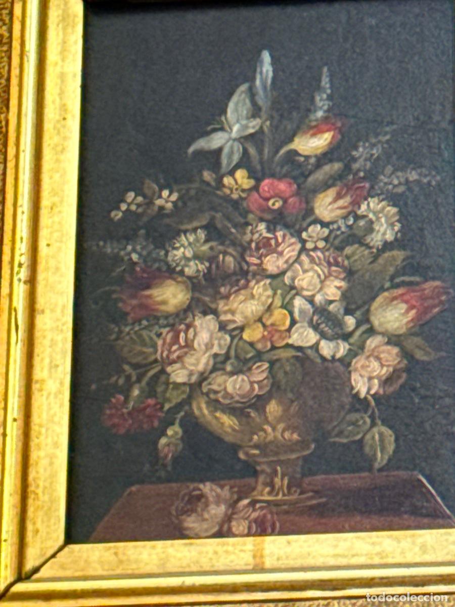 Arte: &Oacute;leo sobre tabla Bodeg&oacute;n de centro de flores con mariposa - Foto 3