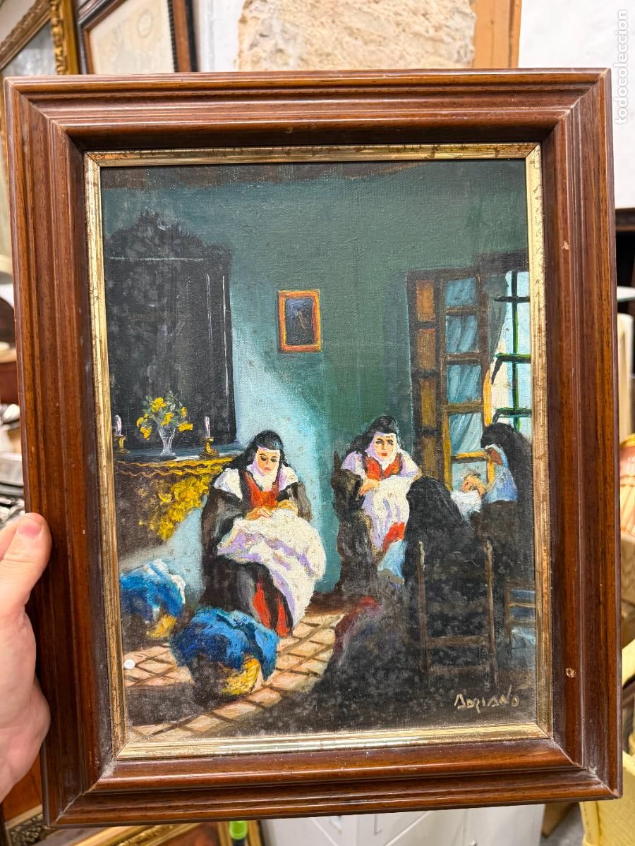 Arte: OLEO SOBRE LIENZO FIRMADO POR ADRIANO, MOMENTOS DE COSTURA EN UN CONVENTO - MEDIDA MARCO 42X33 CM