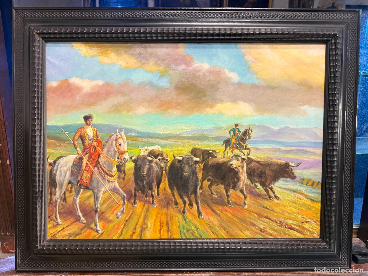 Arte: OEO SOBRE LIENZO FIRMADO POR BARRERA, EL TORO BRAVO EN EL CAMPO - MEDIDA MARCO 79X61 CM