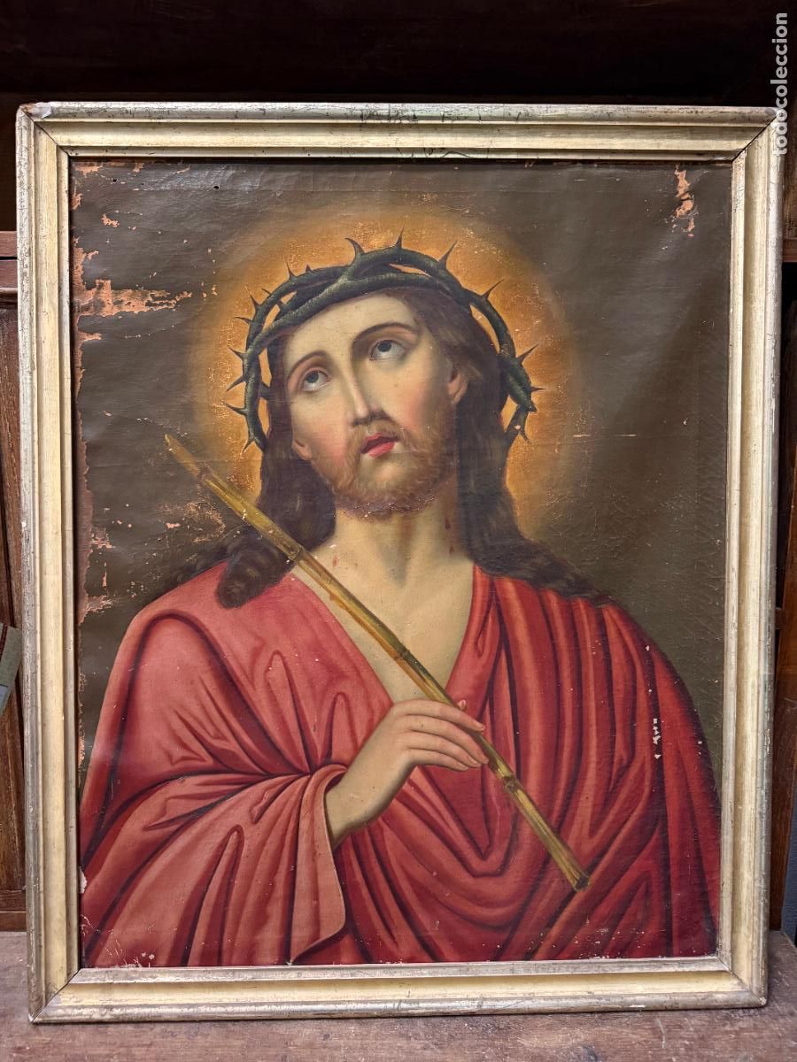 Arte: ANTIGUO OLEO SOBRE LIENZO CON IMAGEN DE CRISTO ECCE HOMO - MEDIDA MARCO 75X62 CM - RELIGIOSO