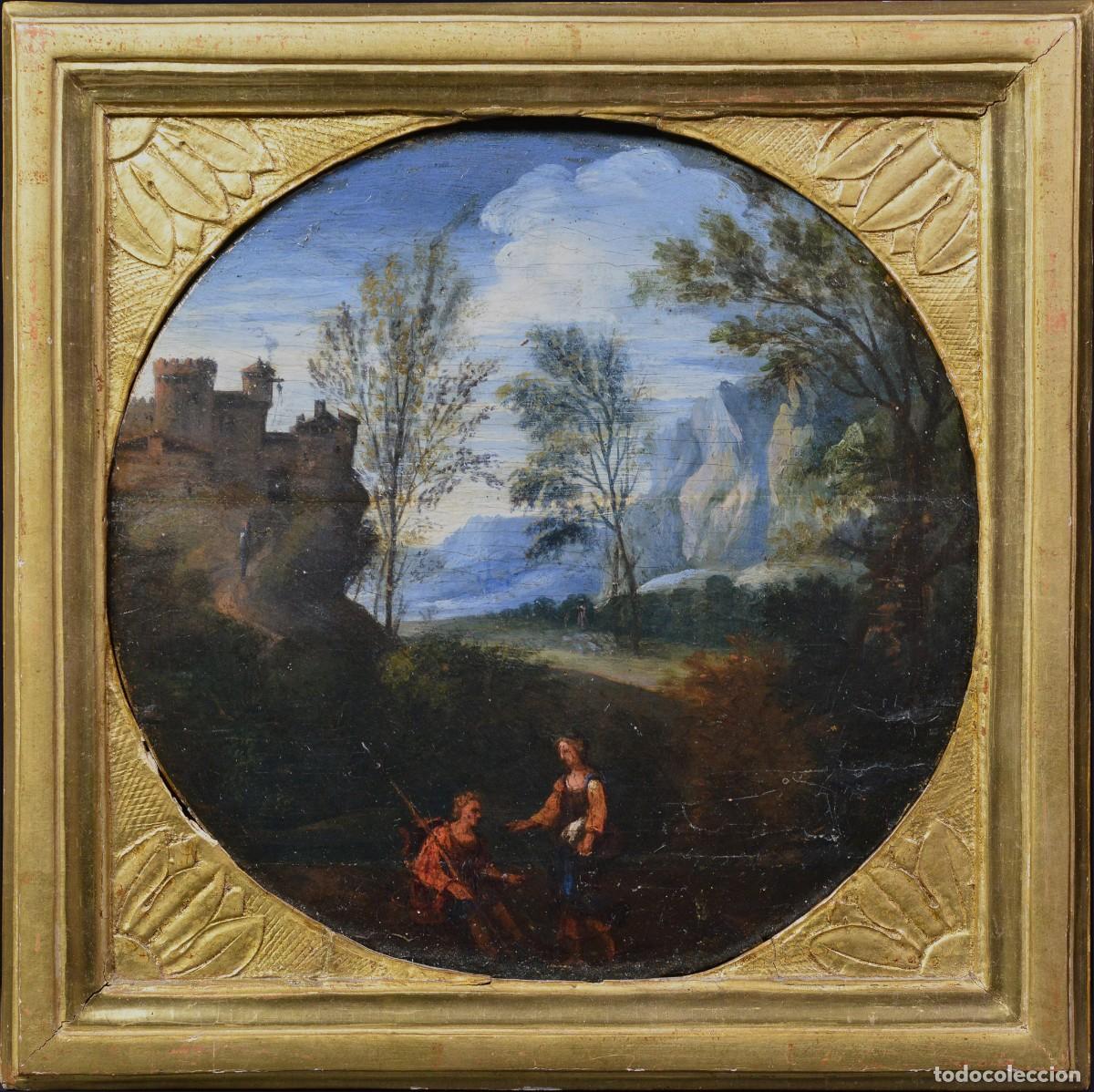 Arte: 17th Century European Baroque Pastoral Castle Landscape Tondo Oil Panel Framed