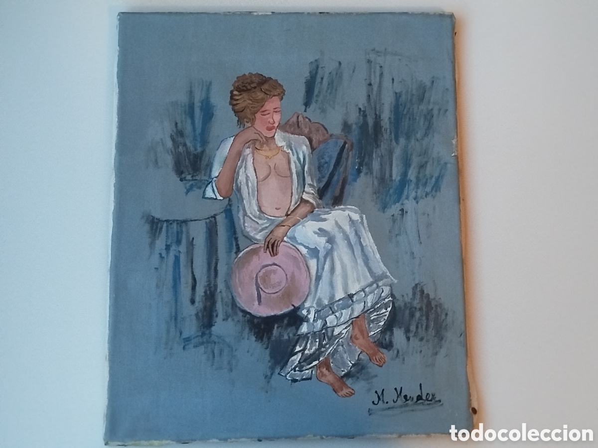 Arte: &Oacute;leo sobre lienzo - Retrato de mujer con pamela rosa (Firmado M. Mendez)