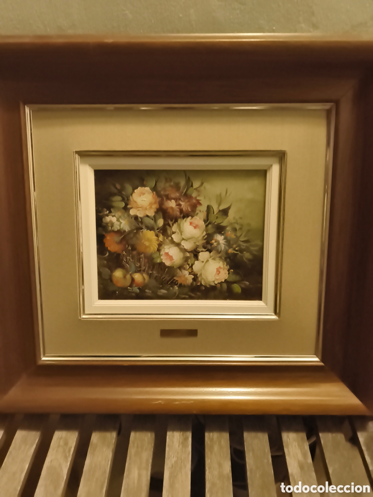 Arte: &Oacute;leo sobre lienzo - Bodeg&oacute;n Floral - R. Michel (Roberto Michel / Juan Planet) - Marco de &eacute;poca conse