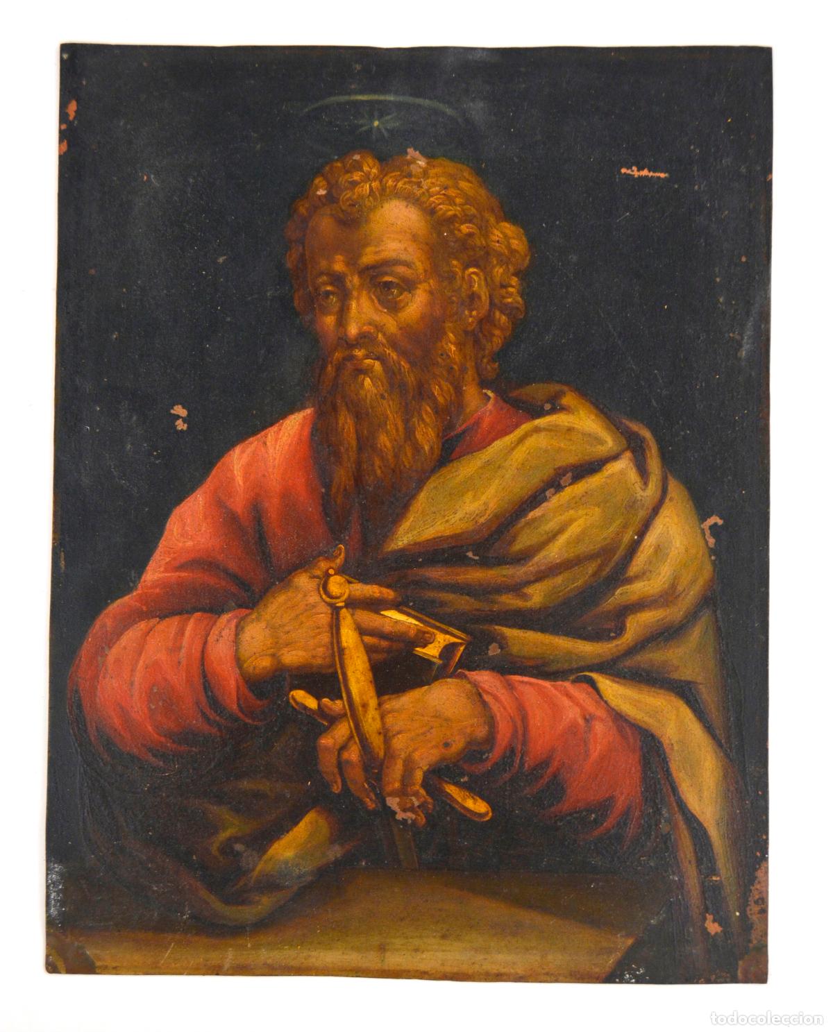 Arte: San Pablo con libro y espada, pintura al &oacute;leo sobre cobre, siglo XVII.