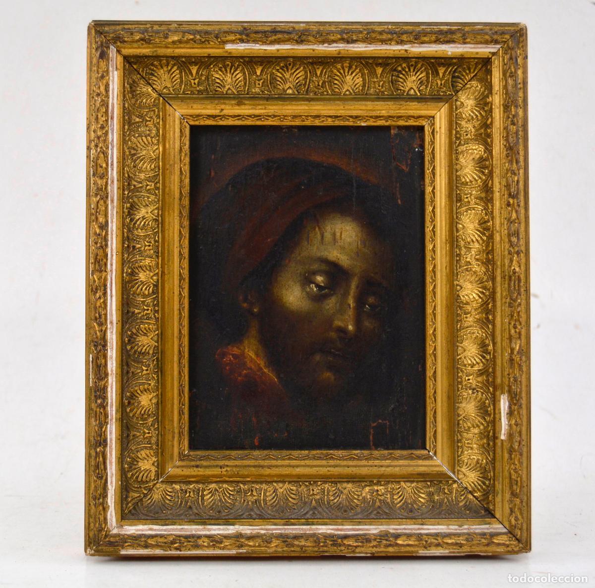 Arte: Cabeza de San Anastasio, pintura al &oacute;leo sobre madera, siglos XVII - XVIII, con marco.