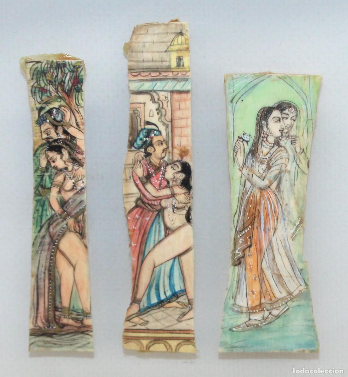 Arte: CONJUNTO DE 3 PINTURAS INDIAS PINTADAS SOBRE HUESO DE TEMA EROTICO