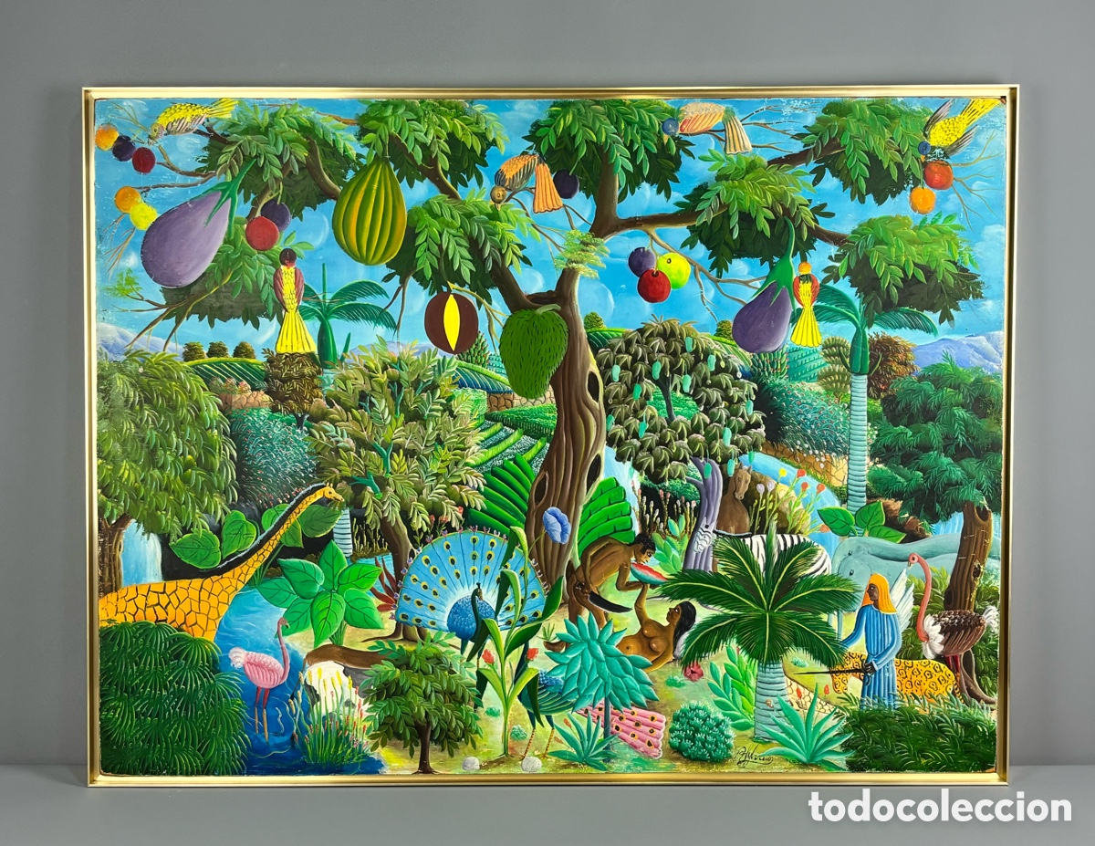 Arte: BIEN-AIM&Eacute; SYLVAIN (Haiti, 1936- OLEO SOBRE TABLEX- ARTE NA&Iacute;F- EL JARD&Iacute;N DEL ED&Eacute;N