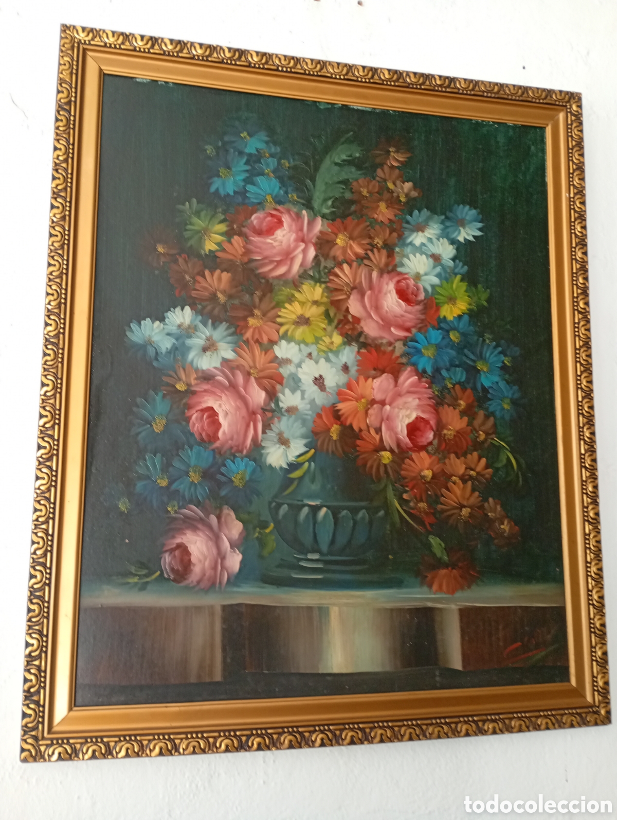 Arte: Gran oleo sobre tablex a&ntilde;os 50 bodeg&oacute;n floral firmado