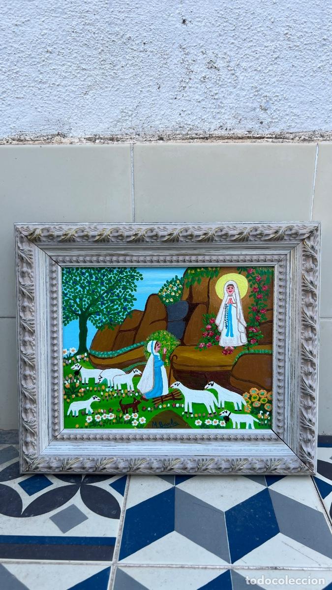 Arte: Virgen de Lourdes Mercedes barba &oacute;leo lienzo na&iuml;f 19x24cms