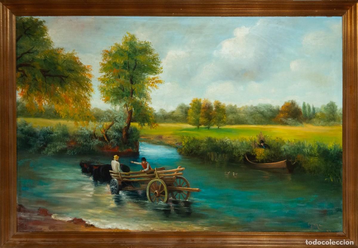 Art: Gran paisaje con carro cruzando el r&iacute;o, &oacute;leo firmado, escuela europea, s. XX