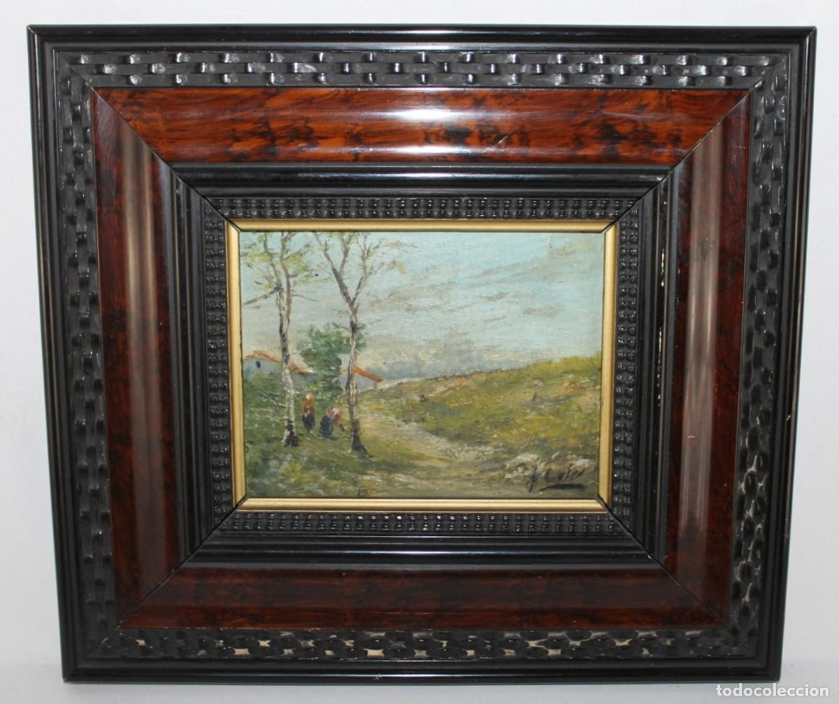 Arte: &Oacute;leo sobre t&aacute;blex. Paisaje con figuras. Firmado. Siglo XX