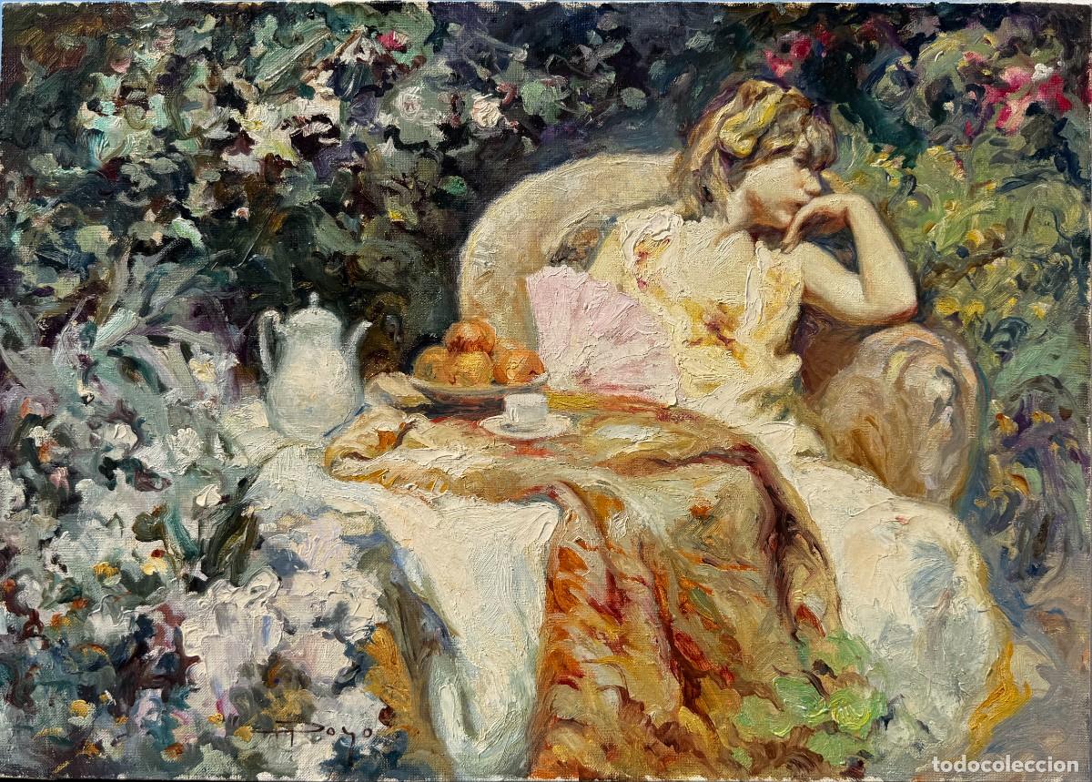 Arte: Jos&eacute; Royo - Mujer en jard&iacute;n mediterr&aacute;neo - &oacute;leo sobre lienzo - a&ntilde;os 90