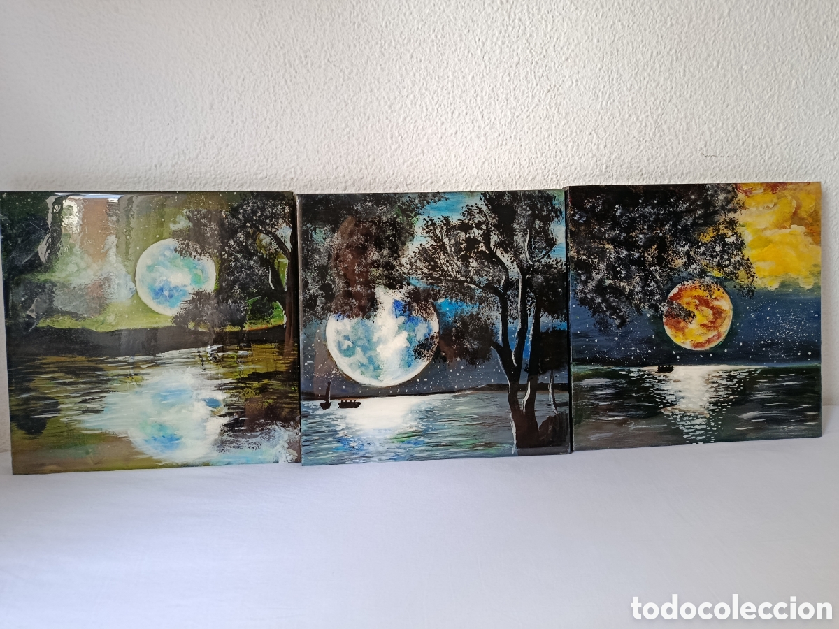 Arte: Tr&iacute;ptico original pintado a mano &ndash; Luna y mar &ndash; Acr&iacute;lico sobre madera 90x30 cm