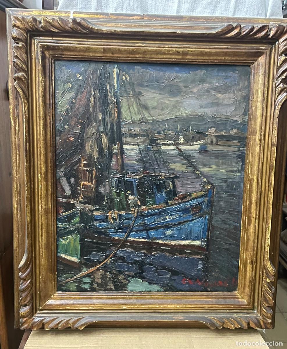 Arte: ANTIGUA PINTURA PINTADA AL OLEO , SOBRE TABLEROTEMA DE PUERTO MARITIMO FIRMA NO PODEMOS DESCIFRARLO