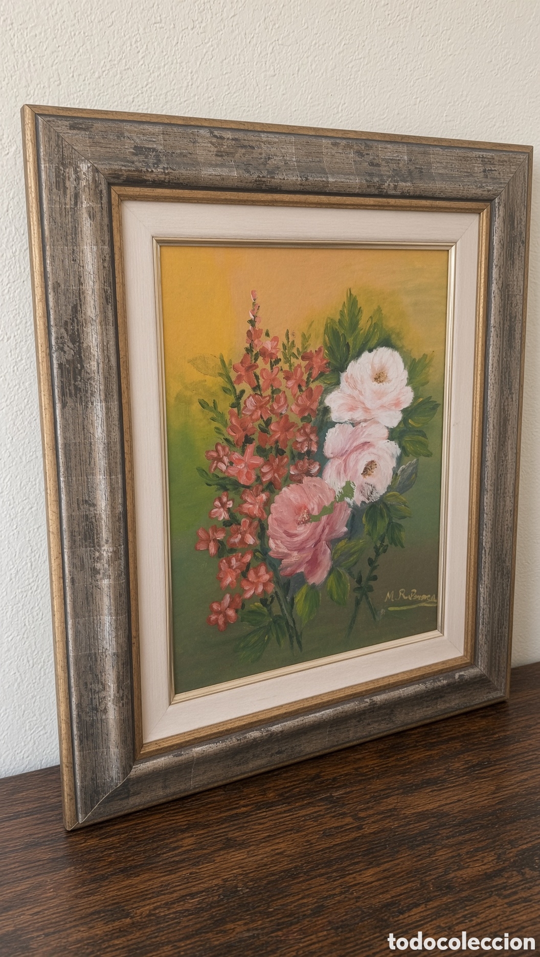 Arte: Precioso cuadro antiguo pintado al &oacute;leo, un bodeg&oacute;n floral con rosas y otras flores.Marco de madera