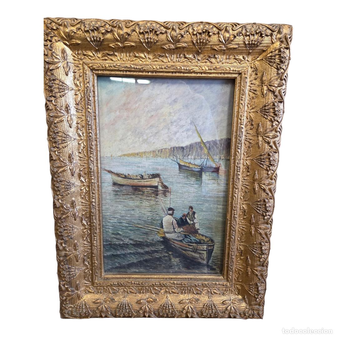 Arte: Dipinto Antico a Olio su Tela: &rdquo;Marina con pescatori&rdquo; di De Risi (Fine del '800)