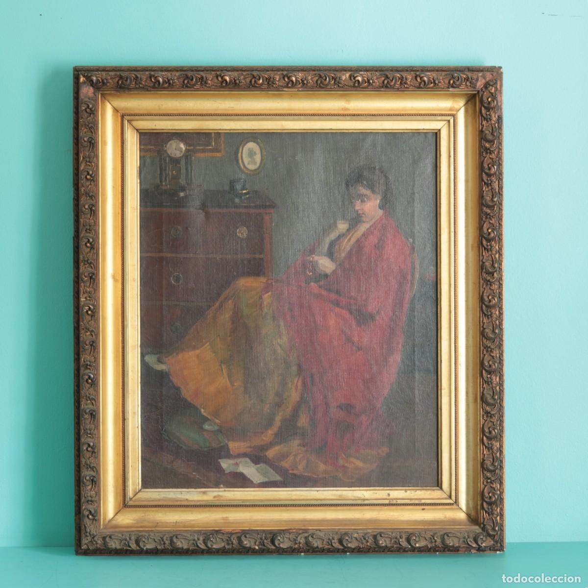 Arte: &Oacute;leo sobre lienzo firmado Juszk&oacute; Piroska &middot; Mujer en interior &middot; Siglo XX &middot;1936