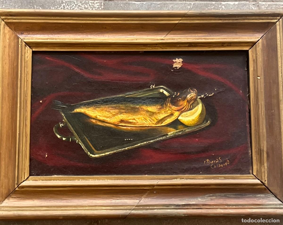 Arte: &Oacute;leo sobre lienzo, bodeg&oacute;n de pescado, firmado I. Borr&aacute;s Casanova. Marco dorado de &eacute;poca