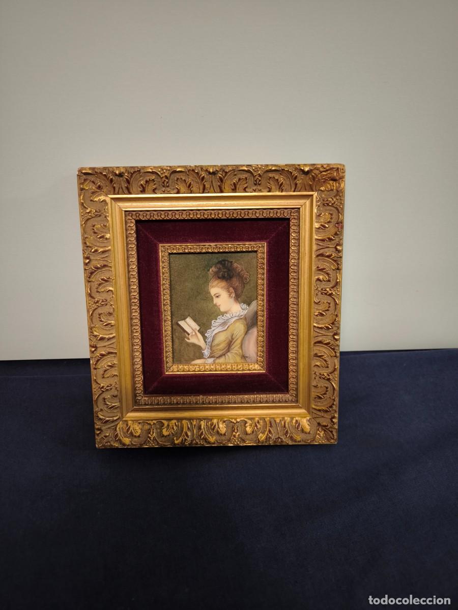 Arte: GRAN MINIATURA FRANCESA SOBRE MARCO TALLADO EN MADERA DORADA