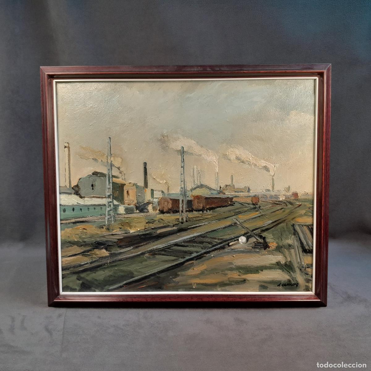 Arte: B-1945.PAISAJE INDUSTRIAL CON V&Iacute;AS FERROVIARIAS. &Oacute;LEO SOBRE LIENZO. A CAMACHO.SEGUNDA MITAD S.XX