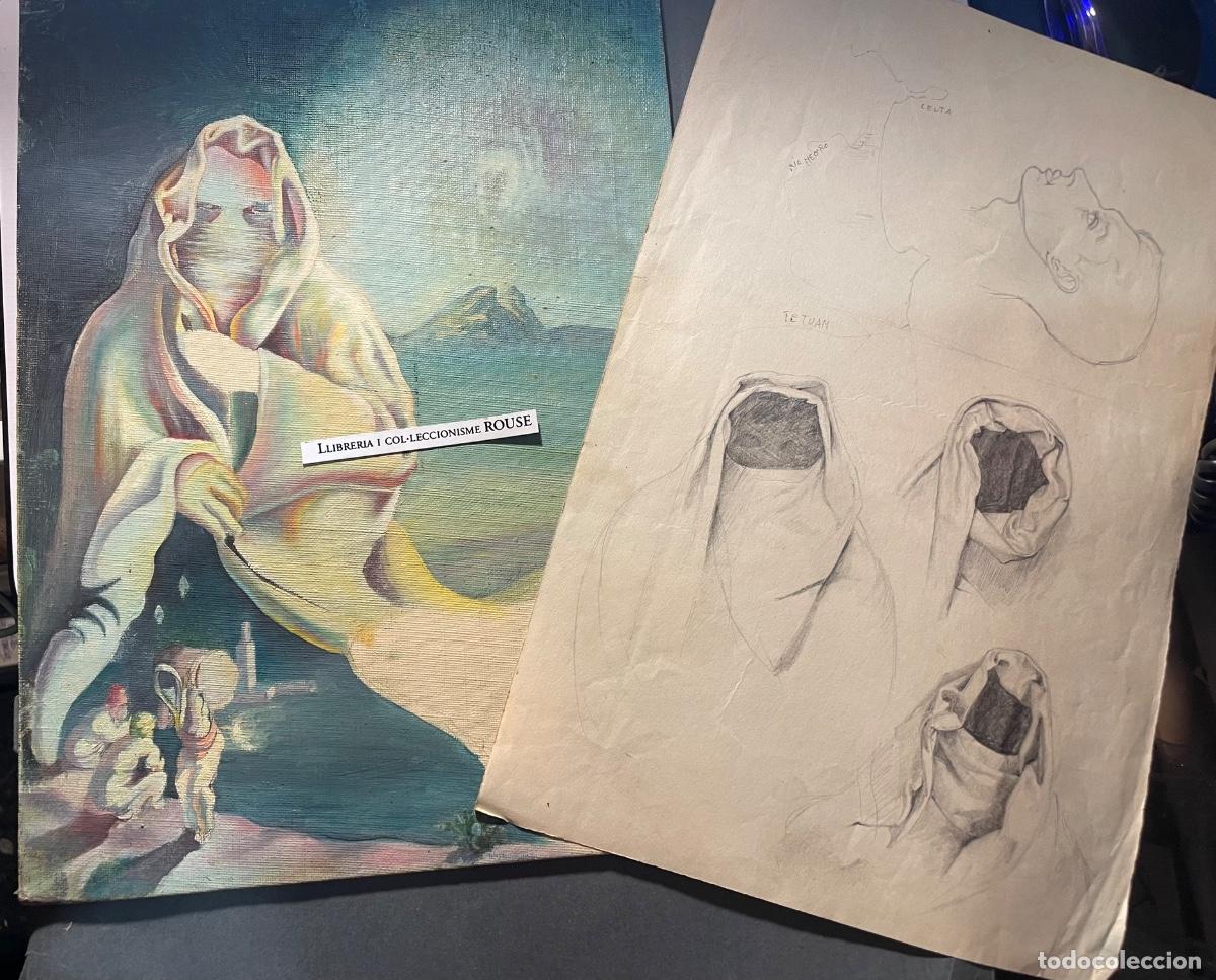Arte: ANTIGUA PINTURA AL OLEO SUREALISTA + DIBUJO BOCETOS EN PAPEL A LAPIZ - PINTURA INACABADA , DESCONOC