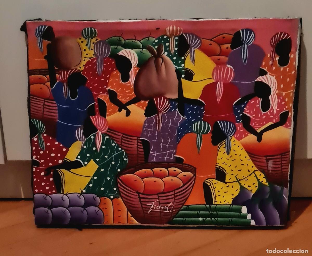 Arte: Pintura na&iuml;f haitiana firmada Frantz &ndash; Escena de mercado &ndash; &Oacute;leo/acr&iacute;lico sobre lienzo