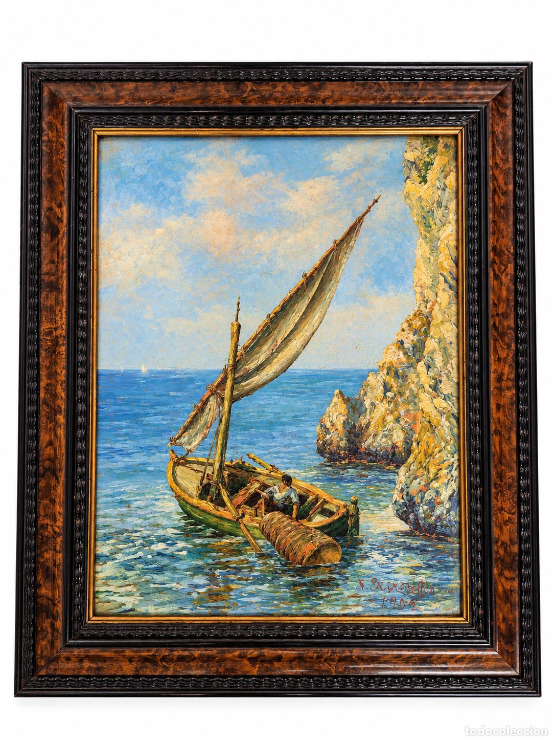 Art: Bonita Marina con Pescador y La&uacute;d - Firma J. Surribas Vendrell - A&ntilde;o 1952