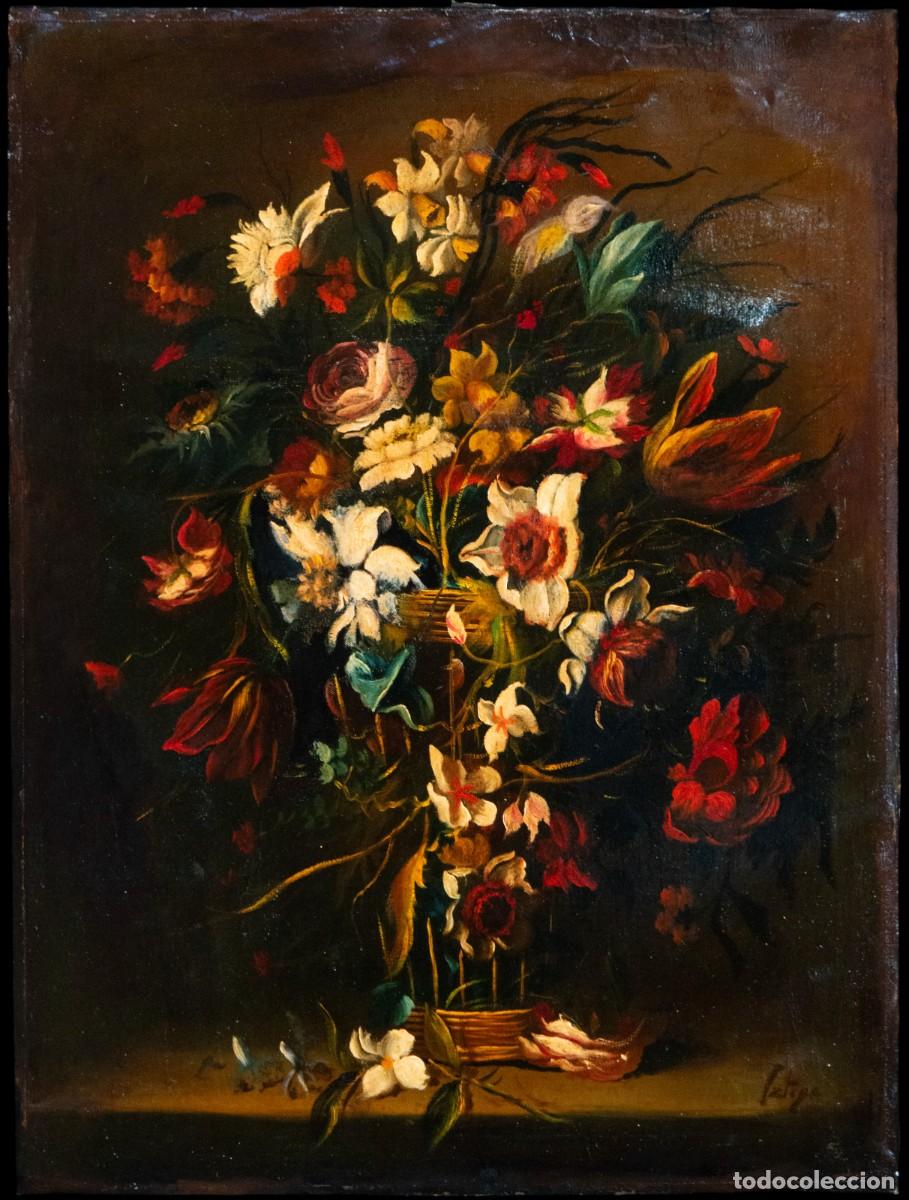 Arte: Bodeg&oacute;n de flores, &oacute;leo sobre lienzo, escuela europea siglo XX, 82 &times; 60 cm